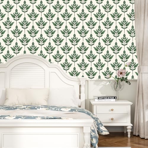 BOKEBEVE Boho Leaf Peel Stick Wallpaper Damask Beige Green 17.5 x 393.5In | Extra Long Modern Symmetry Contact Paper Floral Wall Paper for Bedroom Accent Walls Nursery Renter Friendly Removable - color: Beige/Green, size: 17.5" x 393.5"