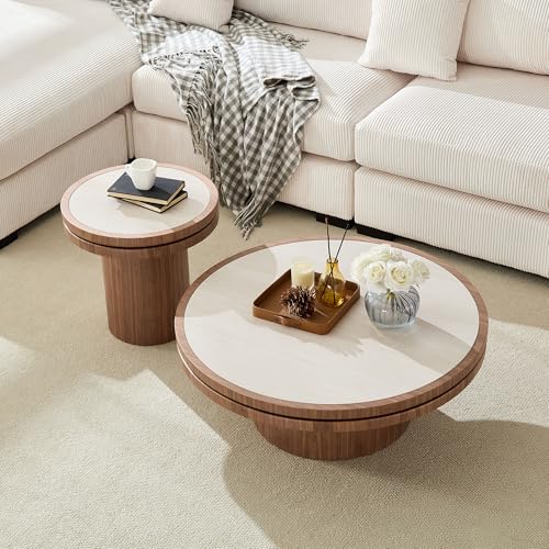 Round Nesting Coffee Table Set of 2 with Sintered Stone Tabletop & Sturdy Base, Modern Circle Center Tables Tea Table for Living Room, Easy Assembly - 35.43" & 19.49", Walnut - color: Nesting Coffee Table With Sintered Tabletop,walnut