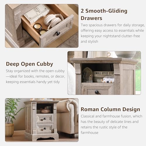 Nightstand Set of 2, 18" Wood Side Table with Charging Station Roman Column | End Table, Bedside Cabinet for Bedroom, Living Room, Light Rustic Oak - color: Light Rustic Oak, size: 18"D x 18"W x 24"H