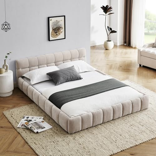 Queen Size Upholstered Cloud Bed Frame, Low Profile Platform Bed with Soft Chenille Headboard, Modern Floor Bed with Wooden Slats