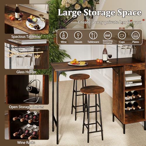 GOFLAME Bar Table Set for 2, Counter Height Dining Table Set with Shelves, Cup Holder & Wine Rack, Breakfast Table & Stools Set, 3-Piece Pub Table Set for Kitchen, Dining Room, Rustic Brown - color: Rustic Brown