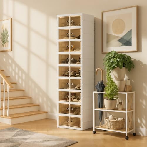 Foldable Shoe Organizer Storage Box, Portable Extra Large Folding Shoe Rack for Closet, Shoe Storage Box with Magnetic Transparent Door and Wheels, 9 Layers 18 Grids - size: White 9 Layers-A