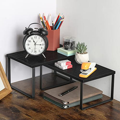 CADUKE Set of 4 Kitchen Counter Shelves, Cabinet Organizer, Black | Wood Countertop Shelves, Stackable Shelf Organizer, Expandable Cabinet Shelf, For Pantry, Industrial - color: Black