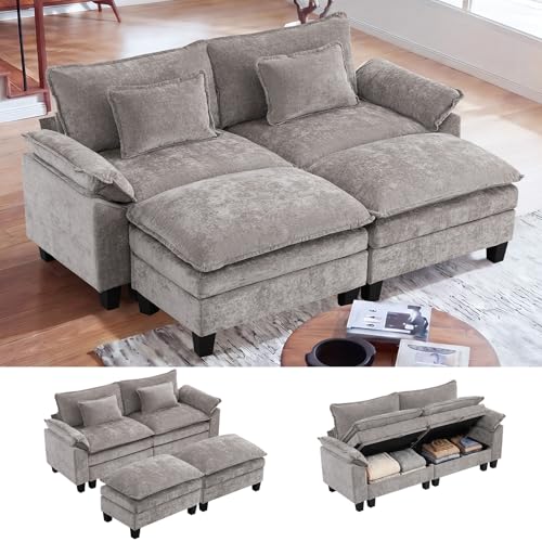 85" Modular Sectional Sofa with Storage, Comfy Cloud Couch Sleeper | Chaise Lounge, Deep Seat, Moveable Ottoman, Throw Pillows, Cloud Comfort Couches for Living Room Bedroom, Chenille Grey - color: Grey, size: 85" - 4 Seat
