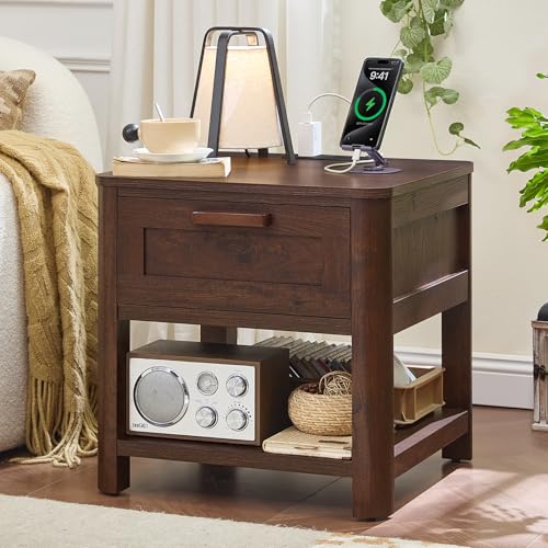 Joaxswe Farmhouse Side Table Set of 2 Living Room, Walnut | Small Nightstand with 1 Drawers & Open Shelving & 4 Thickened Table Legs & Rounded Corners - color: Walnut, size: Set of 2
