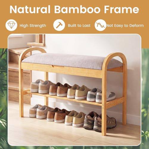 GOFLAME Bamboo Shoe Rack Bench with Storage, 2-Tier Entryway Bench with Flip Top Storage and Padded Seat Cushion, Shoe Rack Organizer with Shelf for Hallway, Bedroom, Living Room - style: With Storage