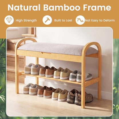 GOFLAME Bamboo Shoe Rack Bench with Storage, 2-Tier Entryway Bench with Flip Top Storage and Padded Seat Cushion, Shoe Rack Organizer with Shelf for Hallway, Bedroom, Living Room - style: With Storage