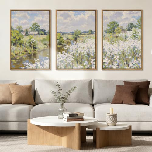 BINCUE Framed Wildflower Wall Art Rustic Floral Wall Decor Vintage Landscape Artwork for Living Room Bedroom Bathroom 16x24 Inches Set of 3 - color: Nature Wildflower, size: 24"L x 16"W