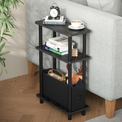 Apicizon Narrow Side Table with Fabric Basket, 3-Tier End Table, Black | Sofa Side Table, Wood Storage Shelf, Slim Nightstand, Skinny Bedside Table for Narrow Spaces, Living Room, Bedroom - color: Black, style: Narrow Side Table with Basket