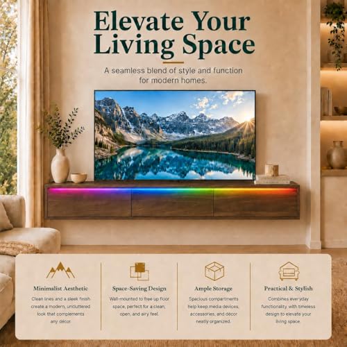 Brown Floating TV Stand Wall Mounted, 65 in Media Console Cabinet | floating tv console for 70-75 inch tv midcentury modern tv stand - color: Brown-f