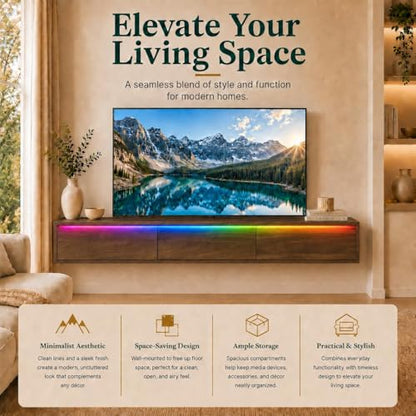 Brown Floating TV Stand Wall Mounted, 65 in Media Console Cabinet | floating tv console for 70-75 inch tv midcentury modern tv stand - color: Brown-f
