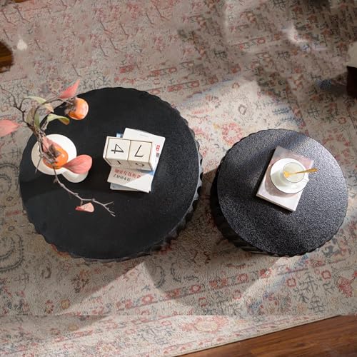 46.46'' White Round Coffee Table Set of 2, Modern Circle Fluted Drum Nesting Elegnant Coffee Table for Living Room, No Assembly, Black - color: M5-46.46in-black