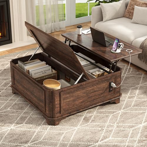 40 Inch Coffee Tables for Living Room Farmhouse Lift Top with Charging Station and Hidden Storage - Square Center Table with Adjustable Lifting Top and Large Storage for Bedroom, Home Office, Brown - color: Brown