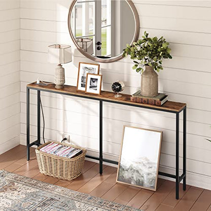 MAHANCRIS 63'' Skinny Console Table with Charging Station, 5.9" Slim Sofa Table Behind Couch, Long Entryway Tables, Narrow Sofa Hallway Table for Living Room, Foyer, Rustic Brown CTHR165E01Z1 - size: 5.9"D x 63"W x 31.7"H