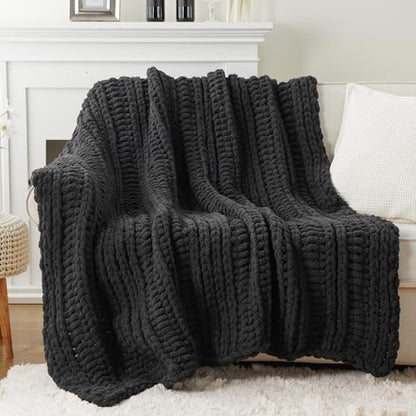 Battilo Chunky Knit Throw Blanket for Couch, 50"x60", Charcoal | Hand Knit, Dark Grey Throw Blanket, Cozy Warm Thick Soft Chenille Throw Blanket for Bed, Sofa, Living Room - color: Charcoal