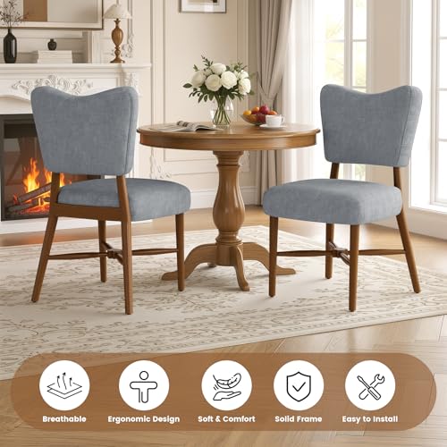 Mid Century Dining Chairs Set of 4, Linen Seat, Wood Legs, Gray | Farmhouse, Upholstered Padded Cushion, Solid Wood Cross-Brace, Easy 15-Min Assembly, Kitchen Dining Room - color: Grey, size: Set of 4