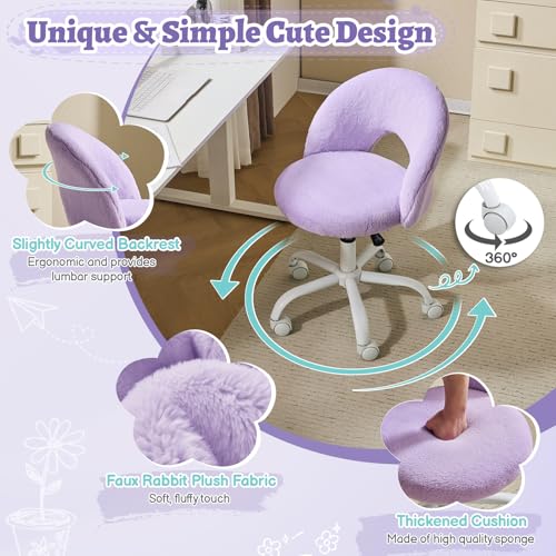 VINGLI Small Vanity Chair with Faux Fur Wheels for Girls,Cute Adjustable Height Armless Office Desk Chair,360°Swivel Comfy Rolling for Study,Make up Room,Small Space,Purple - color: Furry Purple