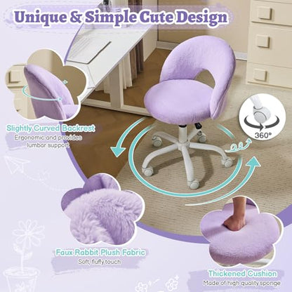 VINGLI Small Vanity Chair with Faux Fur Wheels for Girls,Cute Adjustable Height Armless Office Desk Chair,360°Swivel Comfy Rolling for Study,Make up Room,Small Space,Purple - color: Furry Purple