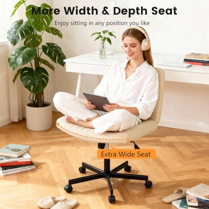 FDW Criss Cross Chair with Wheels Cross Legged Office Desk Modern Swivel Height Adjustable Wide Seat Computer Task Vanity Chair Comfy Fabric Armless Seating for Home Office - color: Beige, style: With Wheels