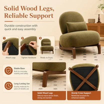 Modern Velvet Armless Accent Chair with Solid Wood Legs, Upholstered Single Lounge Chair, Comfy Reading Chair for Living Room, Bedroom & Reading Nook (Green + Fabric, 1 Pack, Solid Wood) - color: Green + Fabric, size: 1 Pack