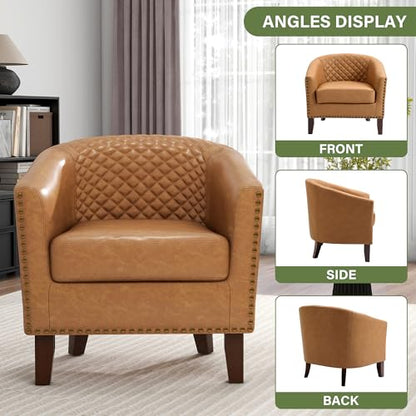 Faux Leather Accent Chair, Modern Barrel Club Chair, Coffee | Comfy Upholstered Armchair for Living Room, Round Club Chair Single Sofa Bedroom Reading Seat | 26"D*29"W*29"H - color: Coffee Brown