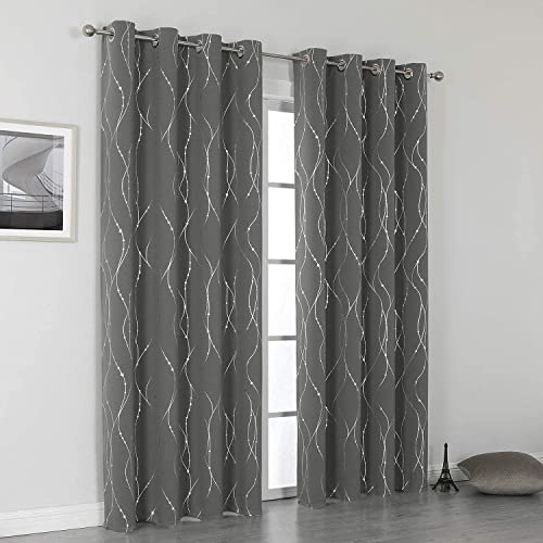 SMILE WEAVER Grey Blackout Curtains for Living Room 63 Inch Long 2 Panels,Room Darkening Curtain-Star Print Design Noise Reducing Thermal Insulated Light Blocking Bedroom Window Drapes - color: Grey Silver, size: 52"W x 63"L (Pack of 2)