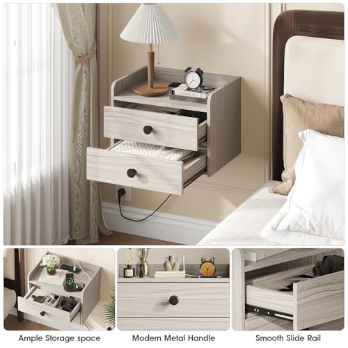 Floating Nightstand Set of 2 with 2 Storage Drawers and Charging Station | Wood Wall Mounted Bedside End Table Modern Night Stands set 2 for Bedroom,Small Space,Grey Black - color: Grey-black