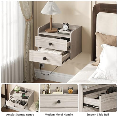 Floating Nightstand Set of 2 with 2 Storage Drawers and Charging Station | Wood Wall Mounted Bedside End Table Modern Night Stands set 2 for Bedroom,Small Space,Grey Black - color: Grey-black