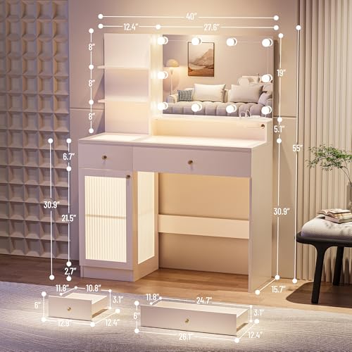40" Vanity Desk with Large Mirror and Lights, Modern Glass Top Makeup Vanity Set with Power Outlet, Drawers and Cabinet, 3 Lighting Color Adjustable Dressing Table for Bedroom,White - style: Vanity with Power Outlet