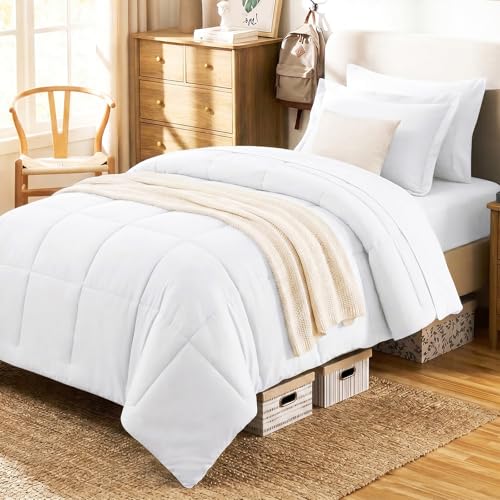 Twin Comforter Set, 5-Piece Bed in a Bag, White | Back-to-School Ready, OEKO-TEX Certified, Box-Stitched Design, 240 GSM Fill, All-Season Comfort, Sheets, Pillowcase & Sham - color: White, size: Twin(68"x88")