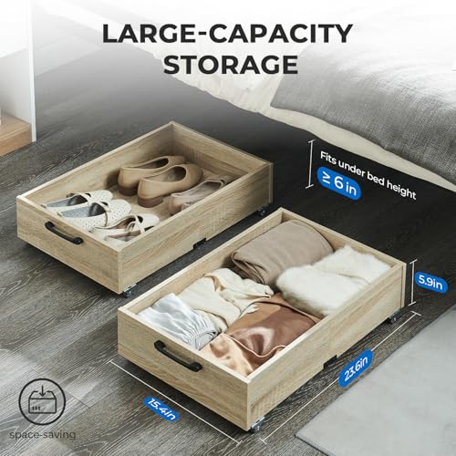 2-Pack Under Bed Storage Drawers Organizer with Wheels, Oak | 58L total capacity, 80 lb per Drawer, Fits 6 in Bed Clearance, Rolling Drawers for Shoes, Clothes, Linens, Toys - color: Oak