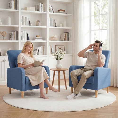 COLAMY Mid-Century Modern Accent Chair, Fabric Upholstered Living Room Chair with Back Pillow & Solid Wood Legs, Comfy Armchair for Living Room, Bedroom, Single Sofa, Blue - color: Blue, size: Set of 1