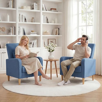 COLAMY Mid-Century Modern Accent Chair, Fabric Upholstered Living Room Chair with Back Pillow & Solid Wood Legs, Comfy Armchair for Living Room, Bedroom, Single Sofa, Blue - color: Blue, size: Set of 1
