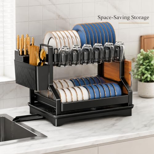 Fandian Black Dish Drying Rack 2 Tier Dish Racks for Kitchen Counter and Sink, Large Dish Drying Rack with Drainboard & Utensil Holders Stainless Steel Dish Drainers Kitchen Organization and Storage - color: Black Dish Racks