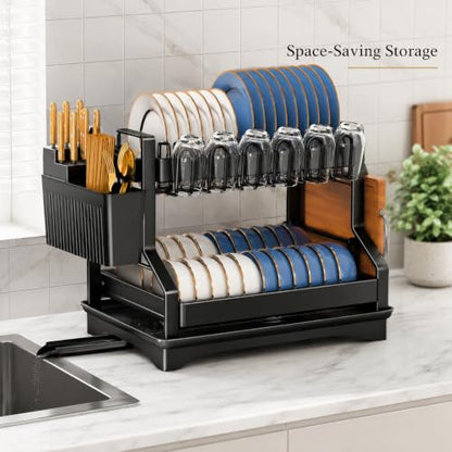 Fandian Black Dish Drying Rack 2 Tier Dish Racks for Kitchen Counter and Sink, Large Dish Drying Rack with Drainboard & Utensil Holders Stainless Steel Dish Drainers Kitchen Organization and Storage - color: Black Dish Racks
