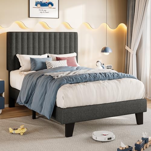 Einhomn Twin Size Bed Frame with Headboard, Upholstered Linen Platform Bedframe with Solid Wooden Slats, Noise-Free, No Box Spring Needed, Easy Assembly, Dark Grey - color: Dark Grey, size: Twin