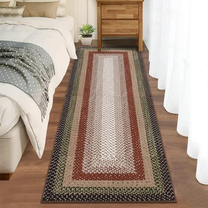 Washable Runner Rug 2x8 Non Slip Braided Hallway Runner Mat | Stain Resistant Kitchen Farmhouse Printed Carpet Rustic Accent Runners for Living Room Bathroom Entryway, Crimson/Earthy - color: Crimson/Earthy, size: 2' x 8' (Runner)