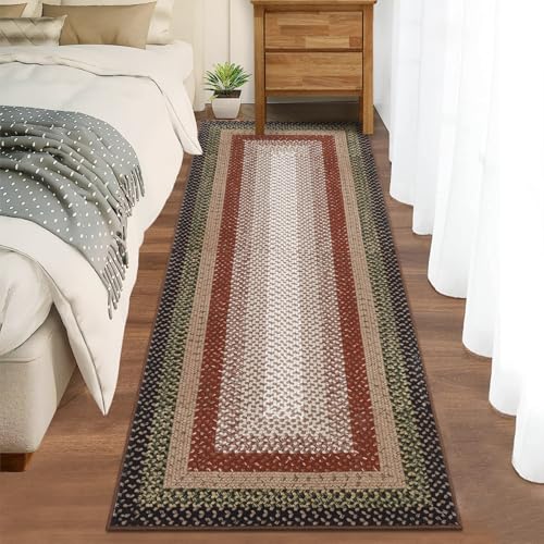 Washable 2x10 Long Hallway Runner Rugs Braided Print Rug Non Slip | Farmhouse Kitchen Carpet Low Pile Rustic Accent Area Rugs for Living Room Bedroom Bathroom, Crimson/Earthy - color: Crimson/Earthy, size: 2' x 10' (Runner)