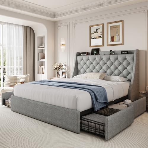 Full Size Upholstered Platform Bed Frame with 4 Storage Drawers and Charging Station, Linen Button Tufted Wingback Headboard, Sturdy Wooden Support Slats, No Box Spring Needed, Light Grey - color: Light Gray, size: Full