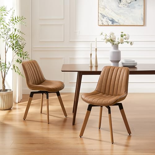 MidCentury Upholstered Swivel PU Dining Chair Set of 2 YellowBrown | 360° swivel curved foam-padded seat armless design dining room chairs accent chairs solid wood legs floor protection pads - color: Yellow Brown, size: Set of 2-PU