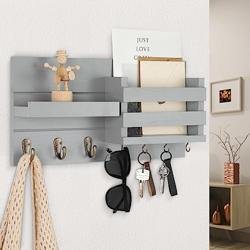 Lwenki Mail Organizer for Wall Mount – Key Holder with Shelf Includes Letter Holder and Hooks for Coats, Dog Leashes – Rustic Wood with Flush Mounting Hardware (16.5” x 8.7” x 3.5”) (Gray) - color: Gray