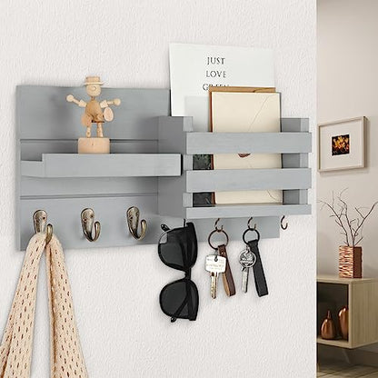 Lwenki Mail Organizer for Wall Mount – Key Holder with Shelf Includes Letter Holder and Hooks for Coats, Dog Leashes – Rustic Wood with Flush Mounting Hardware (16.5” x 8.7” x 3.5”) (Gray) - color: Gray