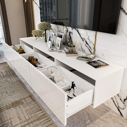 Floating TV Stand with LED for TVs up to 70", High Gloss Wall Mounted Entertainment Center for Living Room, White Modern Wood Media Console for Bedroom - size: 63"W x 14"D x 10"H
