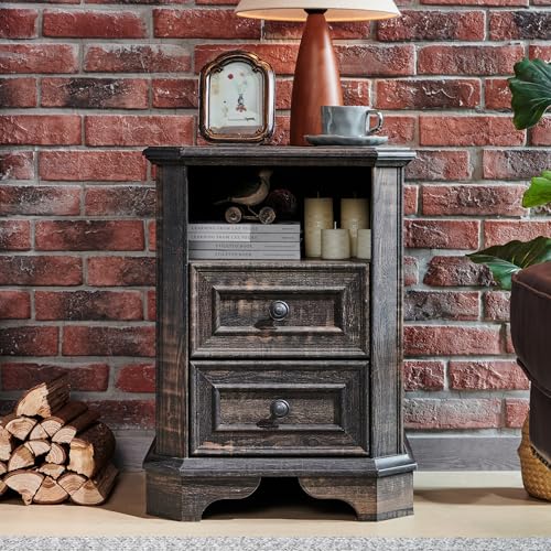 T4TREAM Farmhouse Nightstand with Charging Station, 18" End Table with 2 Drawers, Wood Side Table, Bedside Cabinet for Bedroom, Living Room (Dark Rustic Oak) - color: Dark Rustic Oak