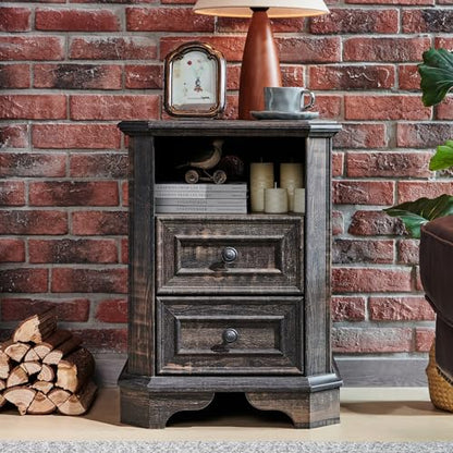 T4TREAM Farmhouse Nightstand with Charging Station, 18" End Table with 2 Drawers, Wood Side Table, Bedside Cabinet for Bedroom, Living Room (Dark Rustic Oak) - color: Dark Rustic Oak