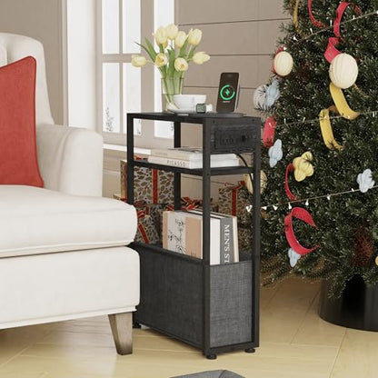 Leomonio Narrow Side Table with Charging Station, Slim End Tables with Linen Basket, Skinny Table for Small Spaces, Thin Bedside Table for Living Room, Bedroom - color: Ebony Black + Slate Gray - Outlet