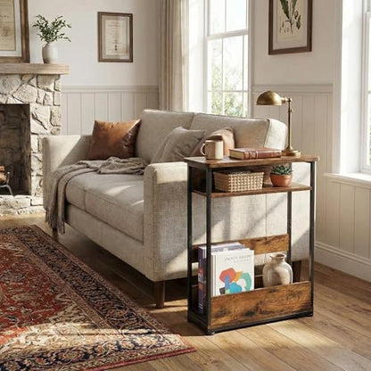 YEAKOO Narrow Side Table,3-Tier End Table with Storage Shelf,Modern Sofa Table Thin Side Table for Narrow and Small Spaces, Skinny Bedside Table Small Nightstand with Magazine Rack Space Saving/Brown - color: Rustci Brown