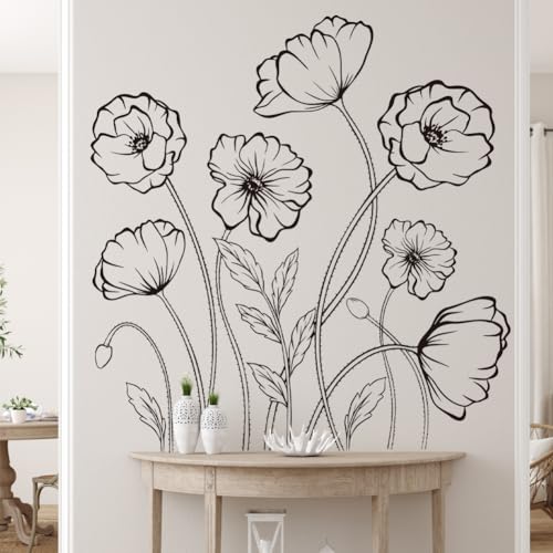 Black Flowers Wall Decals Simple Sketch Floral Wildflower Wall Stickers Large Boho Flowers Wallpaper Peel and Stick Wall Art Decal for Bedroom Living Room