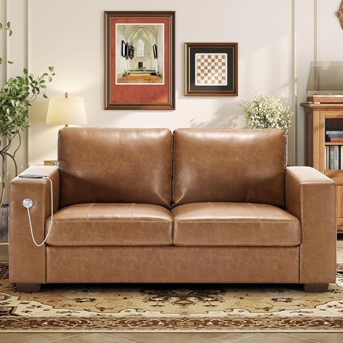 Hanherry Faux Leather 70" Sofa for Living Room, Modern Comfy Sofa with Medium Firm Seat Cushion, Removable Cover,Wide Armrest,USB/Type-C Port,Couches for Small Space,Apartment - color: Leather Brown, size: 70 Inch