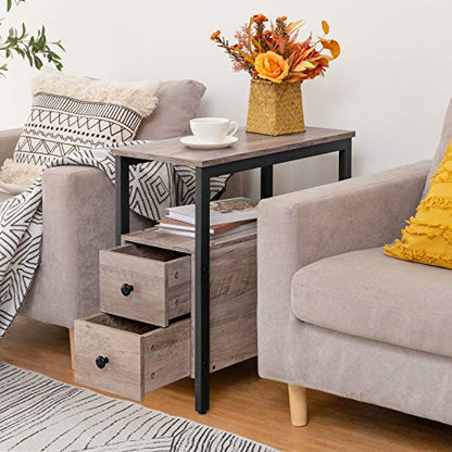 HOOBRO End Table, Narrow Chairside Table with Drawer and Open Storage Shelf, Nightstand for Small Spaces, Stable and Sturdy Construction, Wooden Look Accent Furniture, Greige and Black BG548BZ01G3 - color: Greige + Black